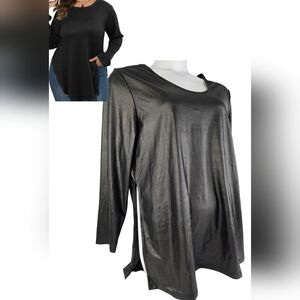 Shein 4X Black Faux-Leather Long Sleeve Split Sides Top 1357-M